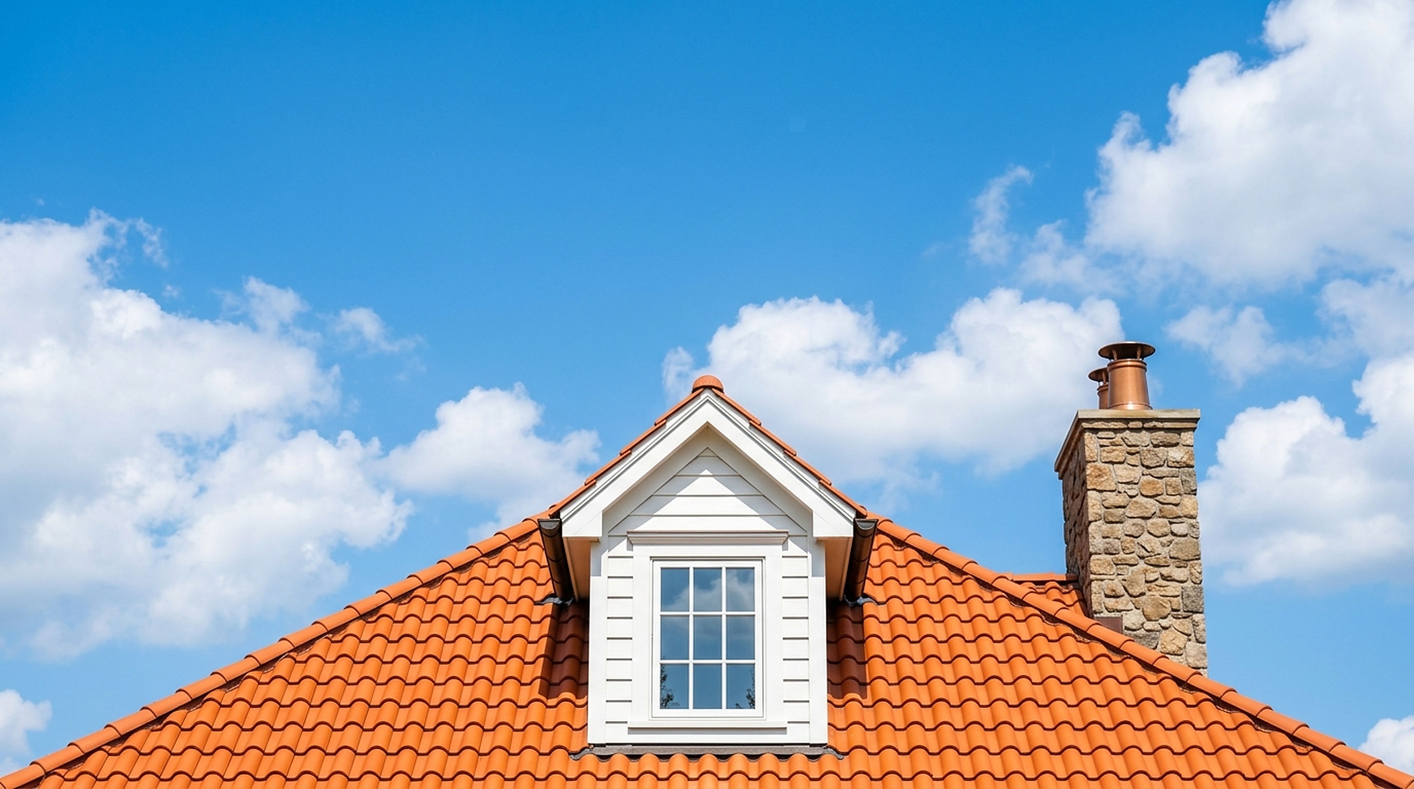 Classic American suburban home with vibrant orange tile roof against a blue sky with clouds