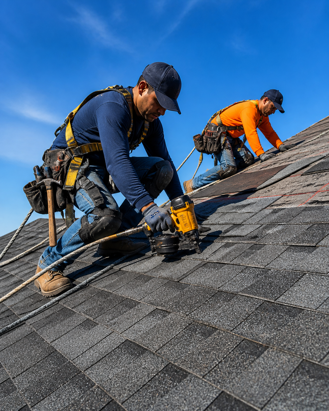 Roofing team installing shingles